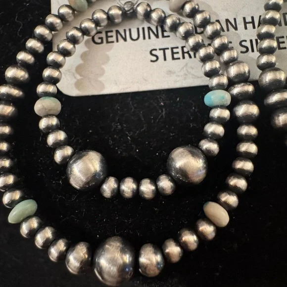 NWT Double Hoop Sterling Silver 925 Desert Pearl with Turquoise Chip Earrings - Picture 2 of 4